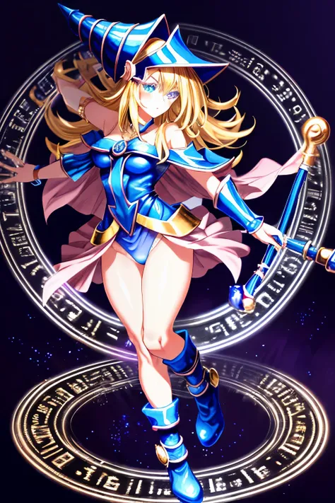 ultra-detailed, extremely detailed, masterpiece, highest quality, best quality, absurdres, highres, dark magician girl, (1girl:1.2), solo, detailed face, dynamic pose, hair flow, (full body:1.1),  blonde hair, long hair, looking at viewer, green eyes, skin...