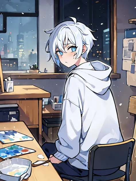 Blue eyes, Androgynous, non-binary, short hair, baggy clothes, crying, white hair, hoodie, oversized hoodie, baggy hoodie, baggy sweater, snow, pale, snowing, indoors, sitting, paintbrush, desk, from behind, painter, artist, paint, canvas, bedroom, desk ch...