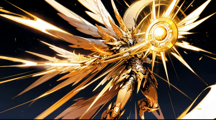 Best quality at best, A high resolution, high detal, high high quality, 16k，A huge golden mecha holding a golden scepter，Golden wings behind the back，gold aura，