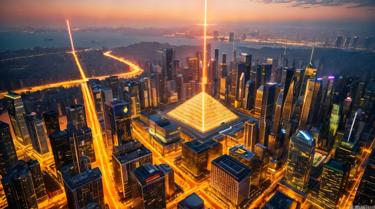 City of the Future、８K、high-level image quality、high-detail、Realistic photo images、The futuristic background of the golden glass pyramid with laser beam is、Connect to a surreal science city lined with huge skyscrapers. 8K background super resolution、Aspect ...