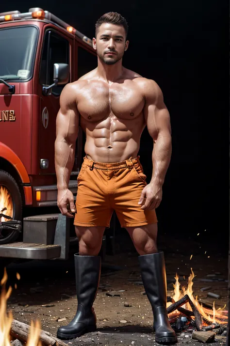 ,一个人Stand in front of the fire truck, 、Create a 30-year-old mature man，Single Eyelids！（（Wear orange overalls,））  with short brown hair ！and a short beard, Only shorts！(Show hairy chest muscles), ), (Use a short beard,) headspace！Charming and serious look, ...