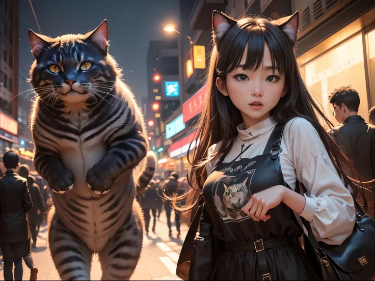 超A high resolution、An ultra-high picture quality、8K、Wonderful expression with attention to detail、big monster cat、surprise people on the street at night、