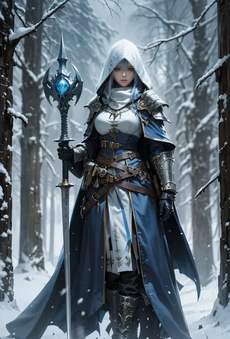 Western fantasy，Slim-fitting female frost armor，towering helmet，White breath coming out of mouth，high qulity, Complicated details,A high resolution,structurally correct，Tattered blue cloak，Holding a frost sword，snowy dayeeling cold all over，midynight，light...