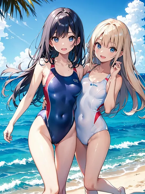 ((4K、8K、top-quality、Perfect fingers: 1.perfect anatomia: 1.3、Background blur))、((10yaers old、Lori、small tits 、cute big droopy eyes、stright long hair、a beautiful slender girl、The best smile with open mouth))、((Two girls in swimsuits、standing in a row at equ...