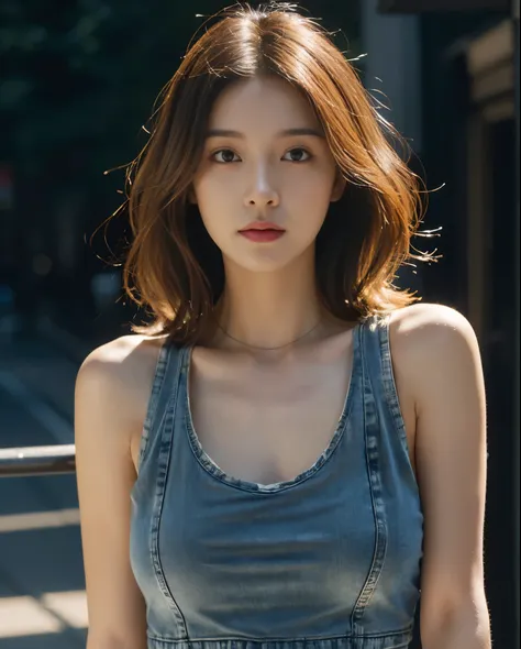 ((medium chest, long hair, small head)), daylight, sunlight, (well-defined abs: 1.1), (perfect body: 1.1), (short wavy hair: 1.2), russet hair, collar, chain, full body photo, shabby street, wearing a black tank top, denim jacket, ((shorttremely detailed C...