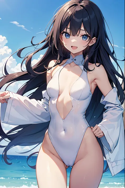 ((4K、8K、top-quality、Perfect fingers: 1.perfect anatomia: 1.3、Background blur))、((10yaers old、Lori、small tits 、cute big droopy eyes、stright long hair、a beautiful slender girl、The best smile with open mouth))、（Competitive swimsuit）、Blue sky and white sand be...