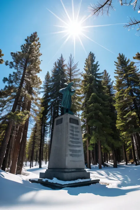 small monument。Many flowers around the monument。The place is surrounded by coniferous forest。Snow is piled up in the coniferous forest。wide angles。A light source from directly above hits the monument..。