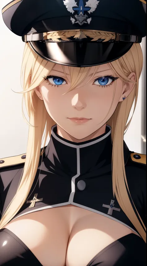 Bismarck from azur lane, elegant, adult woman, blonde hair, blue eyes, big breast, cleavage, black military uniform, military hat, extremely detail 8k cg, high resolution, shine.