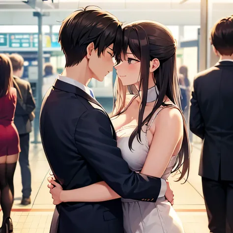 Shinkansen about to depart. People are saying goodbye to each other on the station platform. Among them, a couple stands out. They hug each other, whisper their love, and shed tears. They kiss each other for the last time. He is transferred to another comp...