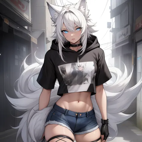 single boy, anime femboy, short, long white hair, wolf ears, wolf tail, blue eyes, wearing short denim shorts, thigh high fishne...