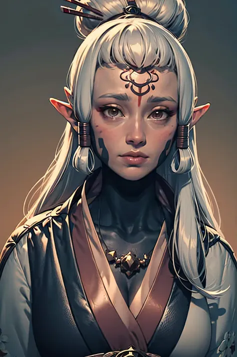 (masterpiece:1.1), (best quality:1.1), (detailed), 1girl, paya, long white hair, pointy ears, facial mark, (beautiful detailed girl), tawnyskin