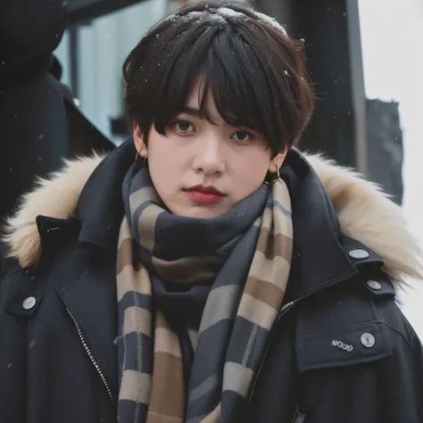 Jungkook wearing a black coat and scarf standing in the snow, Jungkook, Inspirado em Jeon jungkook,    Jungkook/s right eyelid swollen, Jeon Jungkook, Jungkook,Jungkook, JungkookPlump lips, jungkook/Nariz grego, realist, JUNGKOOK DO BTS, BTS group, androgy...