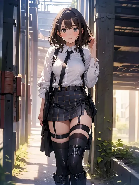 Brown hair、watching at viewers　　　black suspenders　　　Bulging big breasts　　 　 　　　walls: 　Black miniskirt　garters　　　　　　Gaze　　　Small face　bangss 　　　holster　　　Beautuful Women　　hands up　　レッグholster ベッドに横たわる　　Gaze 　black boots panty shot　provocation　flank　flank汗　...