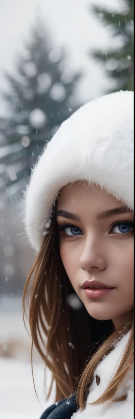 ca young blond woman in winter clothing looking at camera with snow falling, beautiful digital artwork, realistic digital art 4 k, perfecteyes eyes, SAM YANG,hestnut people