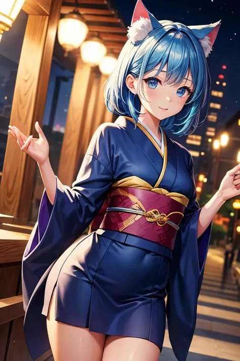 Top quality, high resolution, perfect human structure, background focus, front view, glowing hair, cat ears, blue hair, bangs pinned back, kimono, bright, New Year, Japan, determined, glowing eyes