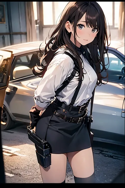 Brown hair、watching at viewers　　　black suspenders　　　Bulging big breasts　　 　 　　　walls: 　Black miniskirt　garters　　　　　　Gaze　　　Small face　bangss 　　　holster　　　Beautuful Women　　hands up　　レッグholster ベッドに横たわる　　Gaze 　black boots panty shot　provocation　flank　flank汗　...