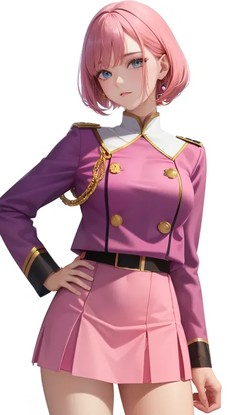 1girl in, sayla mass, Elegant, masutepiece, Convoluted, Army pink uniform dress with a super miniskirt that almost shows your panties、Super miniskirt You can see the pants in the miniskirt、White panty、Realistic, Best Quality, With White Base and Mobile Sui...