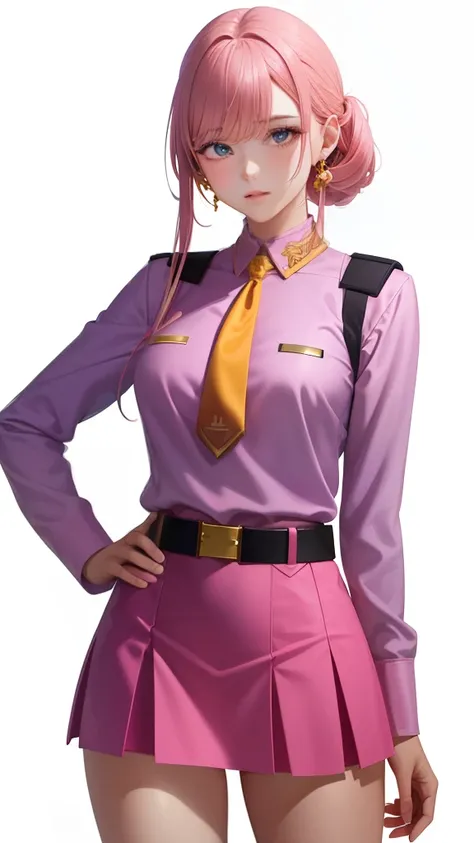 1girl in, sayla mass, Elegant, masutepiece, Convoluted, Army pink uniform dress with a super miniskirt that almost shows your panties、Super miniskirt You can see the pants in the miniskirt、White panty、Realistic, Best Quality, With White Base and Mobile Sui...