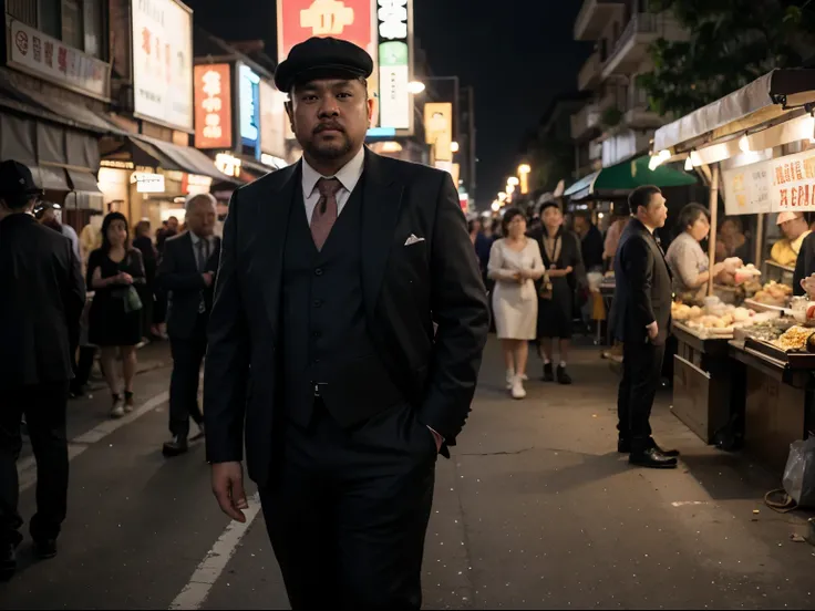 A well-dressed fat malay gentleman with a suit and hat, exuding an aura of mystery and elegance, standing confidently in front of a dark and atmospheric night market, reminiscent of the iconic style of the Peaky Blinders. Close-up, 8K, RAW photo, Best qual...