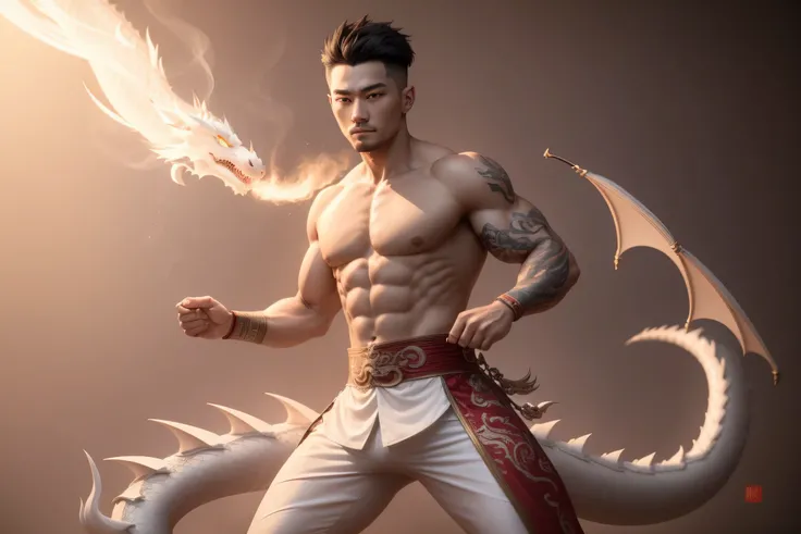 Smoky white dragon combined with a handsome guy, Asian dragon, ancient Chinese background, ar 3:2,8k, hype realicstic, White Asian dragon wrapped around the boys body, simple background, 8k image quality, hype realicstic, handsome baby, dragon cute, Chines...