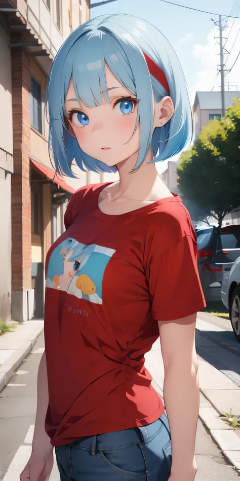 1girl, pale skin color, bob haircut, light blue hair, blue eyes, red Headband, wearing red t-shirt, wearing blue jean