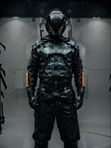 full body portrait, futuristic helmet, black color with orange glowing visor, alien helmet, unique, cybernetic armor, techwear, ...