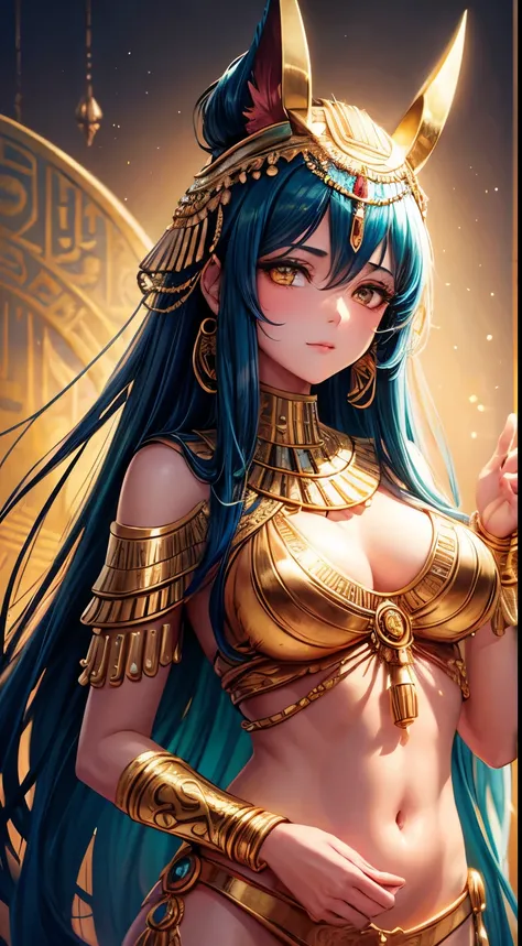 Ancient Egyptian-themed woman, mystical effects, gold accents, ornate attire, hieroglyphic-inspired details, enchanting pose, soft mystical lighting, bokeh background, high resolution.