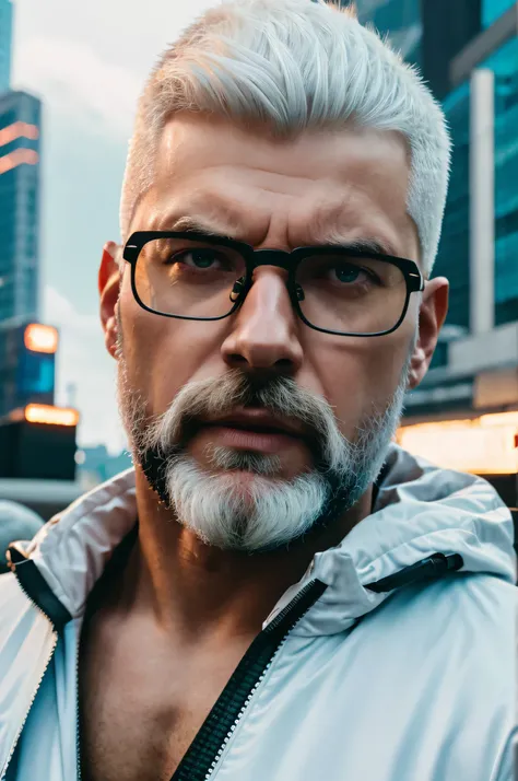 Raw 16k ultra HD Vivid colors ultra masterpiece, 1.12), Describe the emotions captured in the close-up of the face of a man with white hair, flawless haircut and glasses, sporting a well-groomed white beard, while wearing a jacket inspired by the game Cybe...