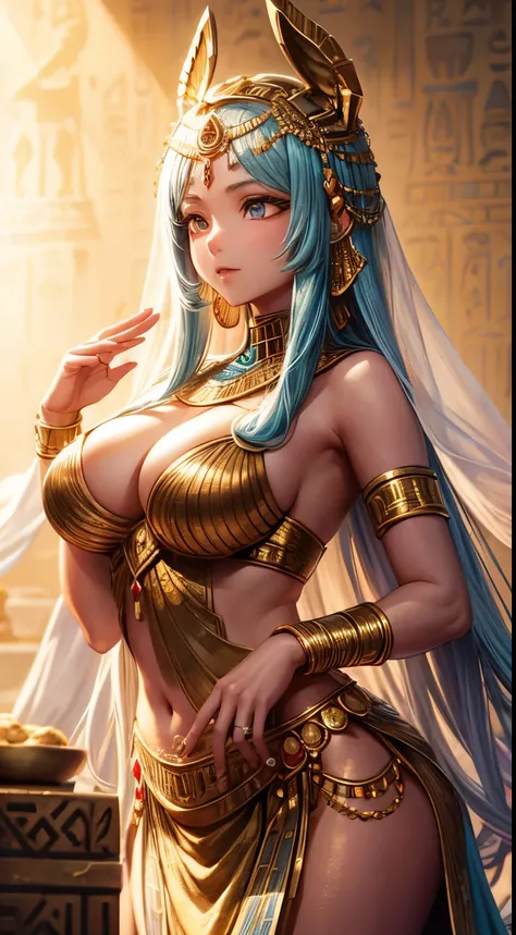 Ancient Egyptian-themed woman, mystical effects, gold accents, ornate attire, hieroglyphic-inspired details, enchanting pose, soft mystical lighting, bokeh background, high resolution.