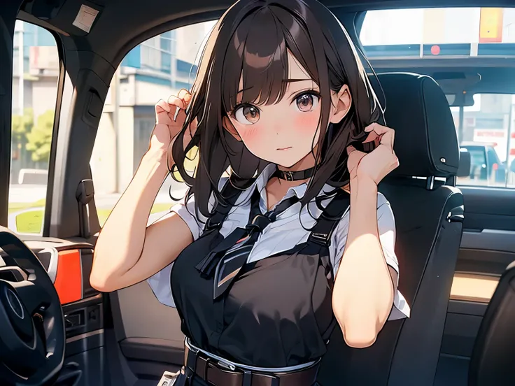 Brown hair、watching at viewers　　　black suspenders　　　Bulging big breasts　　 　 　　　walls: 　Black miniskirt　garters　　　　　　Gaze　　　Small face　bangss 　　　holster　　　Beautuful Women　　hands up　　レッグholster ベッドに横たわる　　Gaze 　黒いブーツ Panchira　provocation　　soio 　arm　In the car...