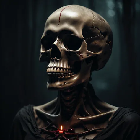 (hightquality,8K resolution),detailed black skull,realistic corpse,Blood,altar,Dark background,Gloomy lighting,uneasy,Horror genre,ominous vibe,eery雰囲気,darker shadows,sinister aura,Mysterious,Midnight time,presentiment,eery,Grim,haunting,nightmarish,Ethere...