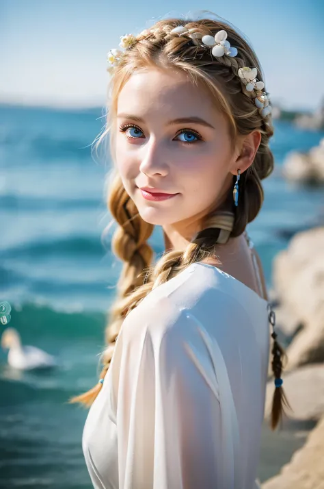 ,((Best quality))),8k,((Masterpiece)),(Extremely refined and beautiful), there is a girl coming out of the sea, a swan princess in Russian mythology, beautiful calm face, blue eyes, long blonde hair braided, the moon braided hair on the back of the head, w...