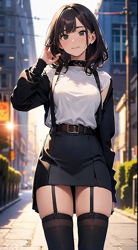 Brown hair、watching at viewers　　　black suspenders　　　Bulging big breasts　　 　 　　　walls: 　Black miniskirt　garters　　　　　　Gaze　　　Small face　bangss 　　　holster　　　Beautuful Women　　hands up　　レッグholster ベッドに横たわる　　Gaze 　黒いブーツ Panchira　provocation　　soio 　arm　In the car...