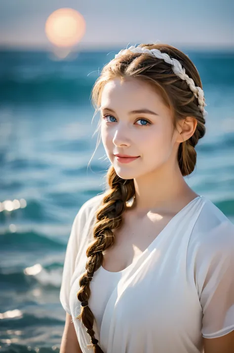 ,((Best quality))),8k,((Masterpiece)),(Extremely refined and beautiful), there is a girl coming out of the sea, a swan princess in Russian mythology, beautiful calm face, blue eyes, long blonde hair braided, the moon braided hair on the back of the head, w...