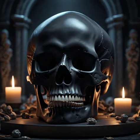 (Best Quality,8K resolution,High resolution,masutepiece:1.2),Ultra-detailed,realistic black skull,detailed corpse,dark background with altar,melancholy lighting,Horror-themed,Single-color palette