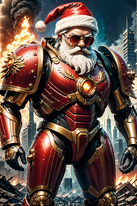 warhammer 40k universe, cybernetic santa claus，red gold armor mechanical suit，luminous sunglasses，war-torn environment，destroyed...