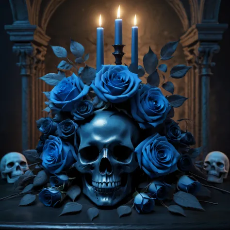 (Best Quality,8K,hight resolution,masutepiece:1.2),Ultra-detailed,realistic black skull,detailed corpse,Bouquet of blue roses,dark background with altar,ominous lighting,Horror-themed,Solid color palette