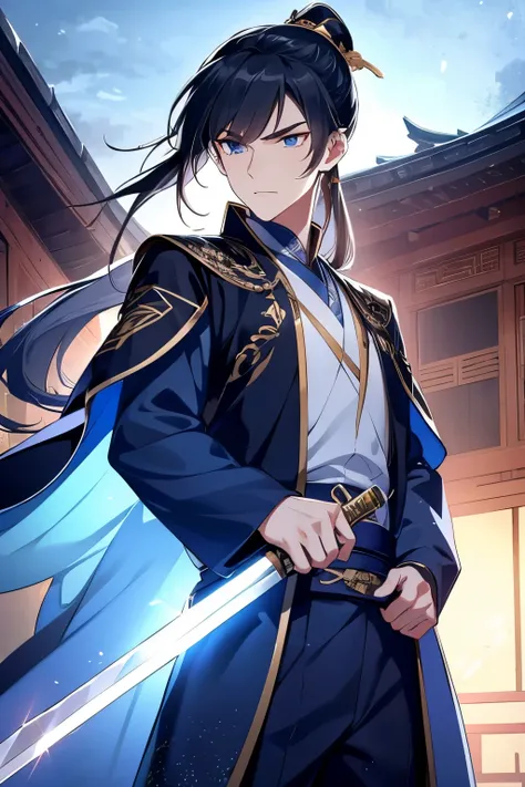 best quality，tmasterpiece，16k,a boy holding a sword，fighting posture，blue clothes，hanfu，long hair and high ponytail，natta，rays o...