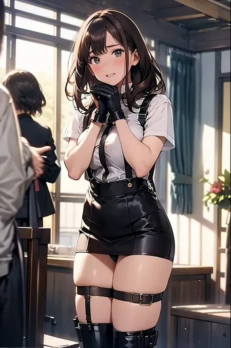 Brown hair、watching at viewers　　　black suspenders　　　Bulging big breasts　　 　 　　　walls: 　Black miniskirt　garters　　　　　　Gaze　　　Small face　bangss 　　　holster　　　Beautuful Women　　hands up　　レッグholster ベッドに横たわる　　Gaze 　black boots panty shot　provocation　flank　flank汗　...