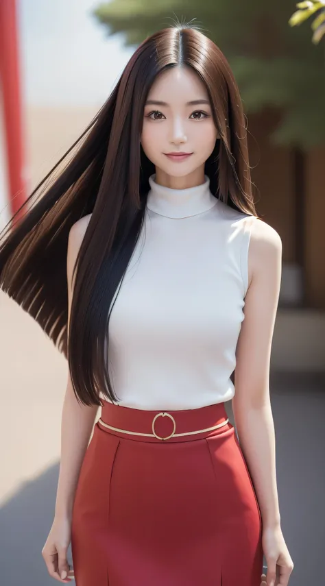 (Refreshing smile:1.5),(Look at viewers:1.1）,（hide ones hands:2.0）,(Beautiful Japan Woman）,（straight haired, Long hair, strong wind in the hair:1.5), （ High neck sleeveless , tight skirts:1.5), （high-heels;1.3), detailed  clothes, (Perfect female body), (N...