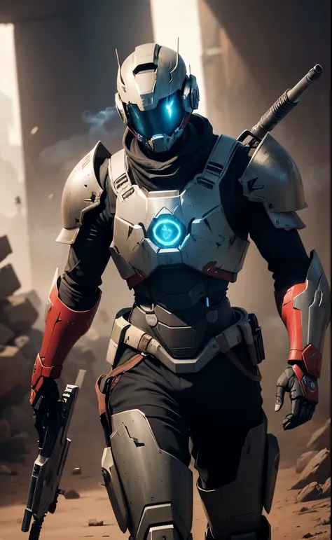 Destiny 2 robot exo character hunter armor worn out from battles. carrying a hand cannon with smoke coming out of the hand cannon from being used which caused it to overheat. armor color be red and black. robot eyes are green.