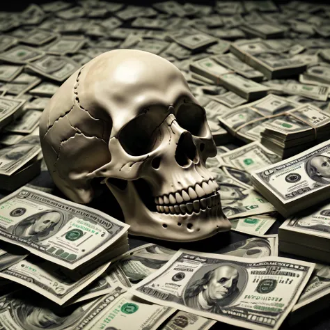 (Best Quality,8K,hight resolution,masutepiece:1.2),Ultra-detailed,Realistic Skull,detailed corpse,(Dollar bills are scattered,the godfather),Horror-themed,Single-color palette