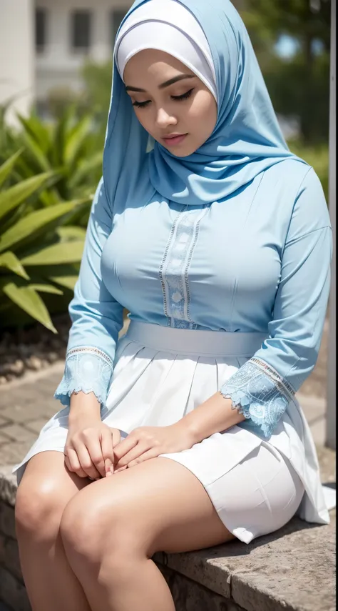 ( Close Up),RAW, Best quality, high resolution, masterpiece: 1.3), beautiful Malay woman in hijab,Masterpiece, perfect fit body, (big breast),big gorgeous eyes, Soft smile,thick thighs, beutifull face, woman sitting in a blue skirt and white top is walking...