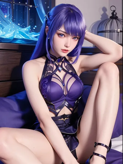 25-year-old Korean girl，1 Sister，girl on top， dive， I have a perfect face， eBlue eyes， income，  dive，under the water深处，under the water，breaking，ton de asur，(((Fish cage as a whole, Purple colored hair,delicate high heels，smooth thigh，Exquisite facial featu...