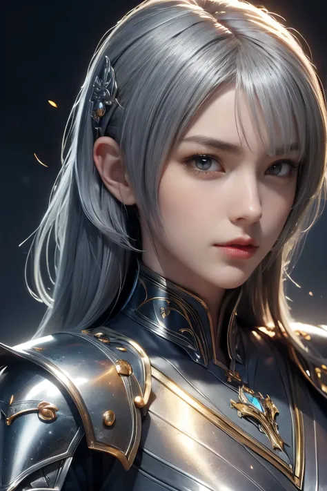 tmasterpiece，Best quality，A high resolution，8K，((Portrait))，(Head close-up)，Original photo，real photo，digital photography，(Female adventurers in medieval fantasy)，(A medieval female fighter of fantasy style)，20岁女孩，((Short grey hair))，((The eyes are red，The...