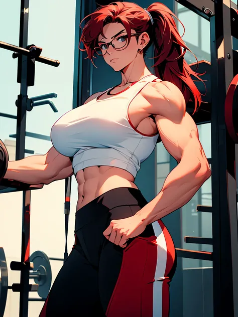 1 female, huge muscles, white tank top, red hair, glasses, anime art style, 8k, masterpiece, great resolution, great details, gym background, muscle flexing, full body portrait, sexy, gym pants, UHD, HDR