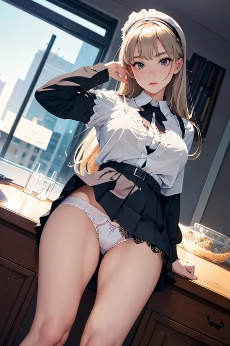 Girl seen from the floor, Its okay to wear a skirt, View from below, I can see my panties, medium breasts, ((Very detailed)), (Perfectly detailed face), (Highly detailed hands), Photorealistic images,White panty,up skirt,Lace panties on top of a huge