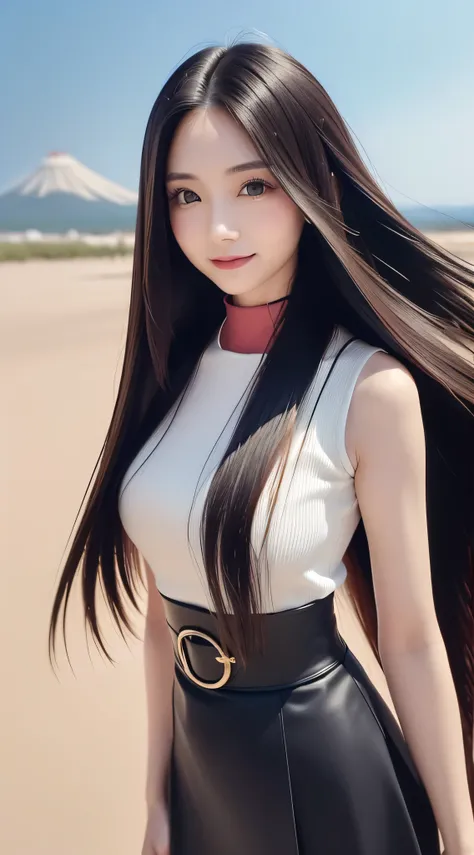 (Refreshing smile:1.5),(Look at viewers:1.1）,（hide ones hands:2.0）,(Beautiful Japan Woman）,（straight haired, Long hair, strong wind in the hair:1.5), （ High neck sleeveless , tight skirts:1.5), （high-heels;1.3), detailed  clothes, (Perfect female body), (N...