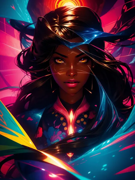 MULHER-GATO da DC Comics (african american woman with glowing brown eyes, browned skin, wave long hair), master part, best quality, abstracted, Psychedelic, Neon light, (honeycomb pattern), (criativo:1.3), SY3, SMM, fantasia00d