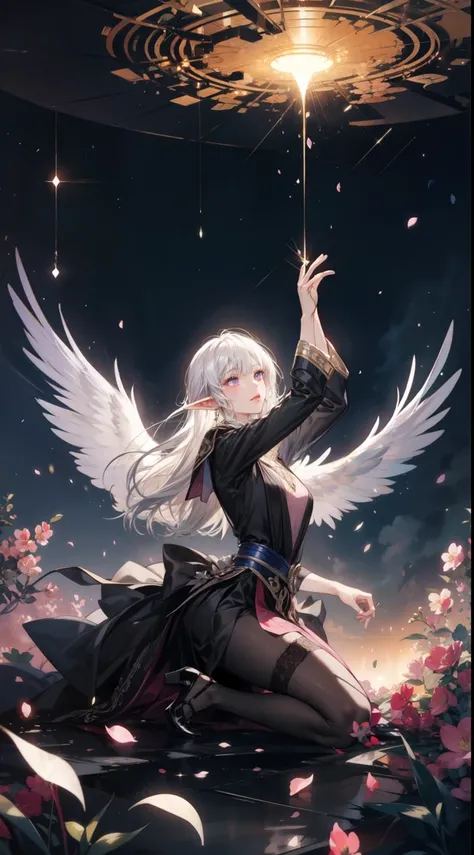 ((masterpiece, best quality)), official art, unity 8k wallpaper, ultra detailed, In a realm of enchantment, within a magical forest, A mysterious angel elf girl appears, a radiant being adorned in gossamer threads of moonlight. Her skirt, woven from petals...